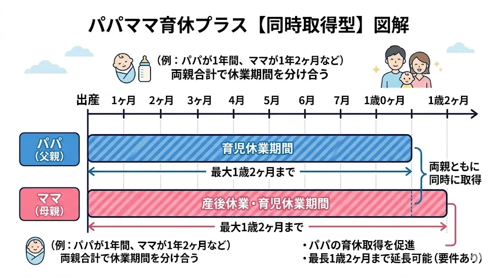 パパママ育休プラス パターン3：同時取得の図解